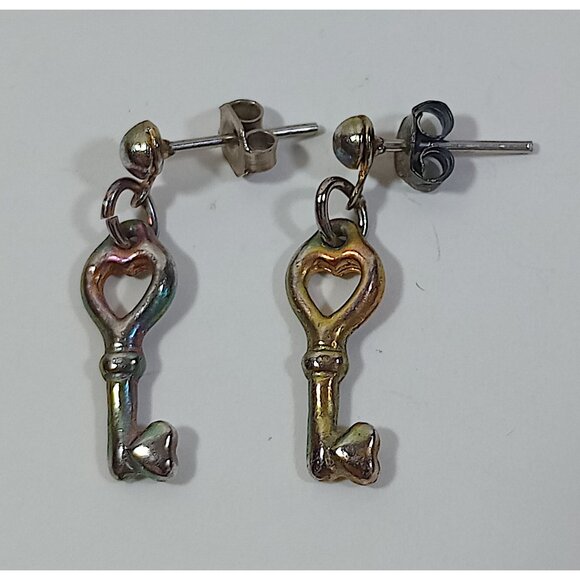 Skeleton Key Earrings Vintage Pair 1990s Stud Two Tone Gold Silver Girls Retro - Picture 2 of 2